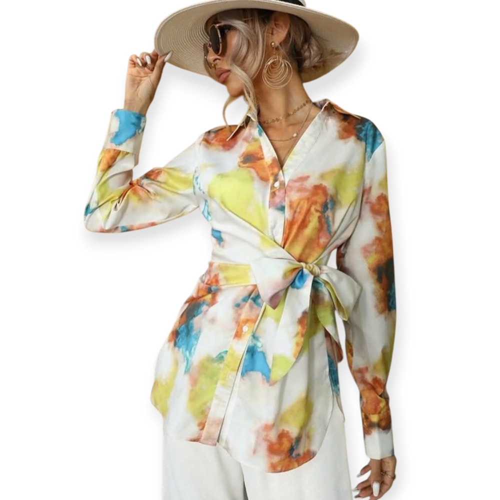 Shein Colorful Watercolor Print Wrap Tie Blouse Top